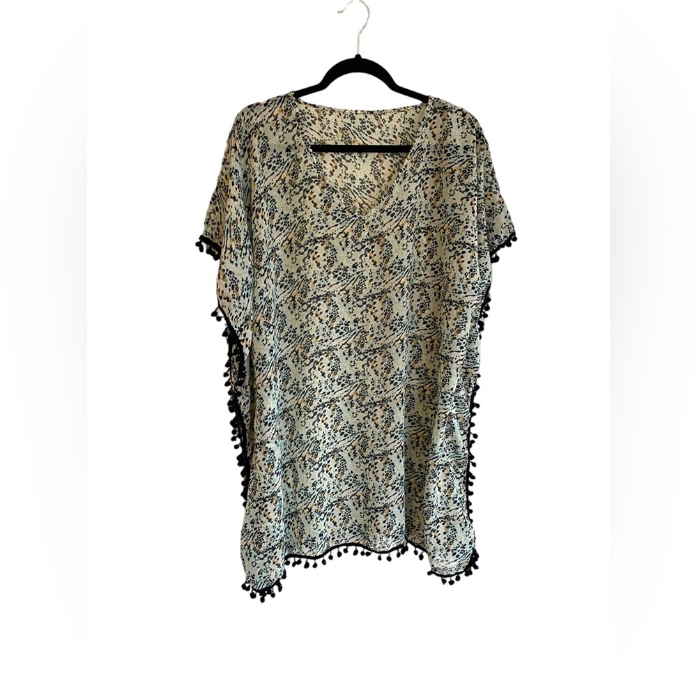 Beach Coverup Multi Colored Snake Print with PomPom Fringe Womens One Size